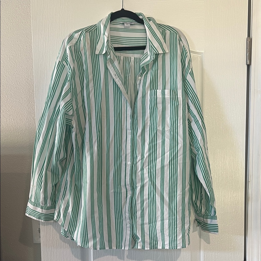 Old Navy Green and White Striped Button Down Shirt